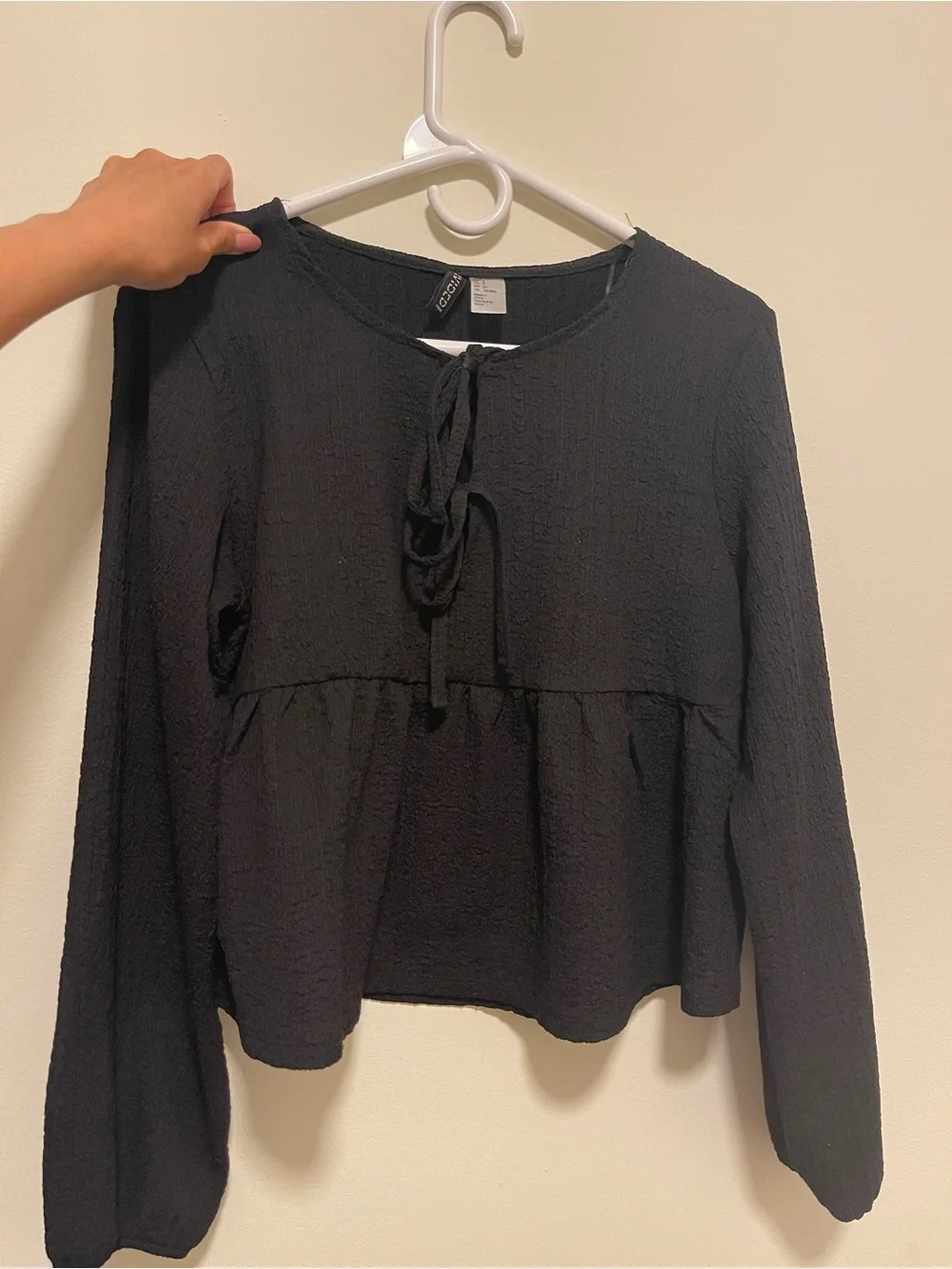 H&M Black Tie-Neck Peasant Blouse